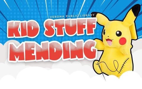 pikachu with a patched side and needle with thread, a blue anime action background, bright red comic text that says "kid stuff mending" and clouds.