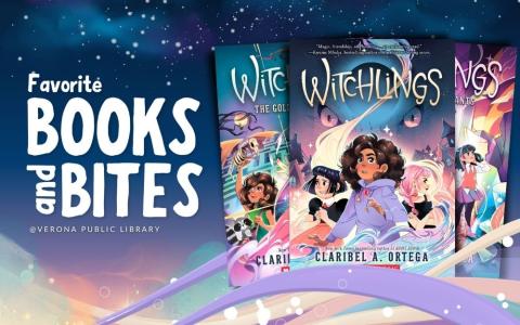 a magical night sky with the first three "Witchlings" book covers