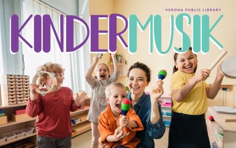 happy smiling kids and a grown-up playing maracas, tambourine and hand held drum