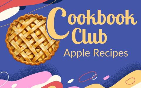 illustration of a freshly baked apple pie with fun wavy shapes and text that says "Cookbook Club"