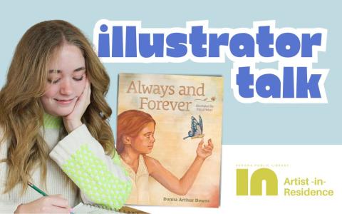 Artist Elena Delzer drawing with a copy of the book she illustrated in the background.