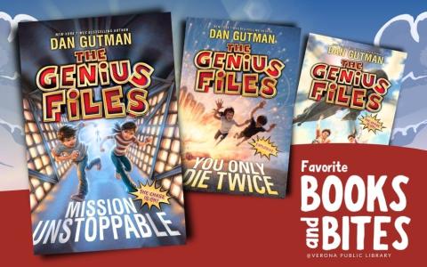 The first three "The Genius Files" books with a sky, clouds and sun in the background