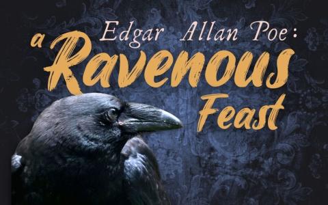 a raven looks to the right against a dark moody navy blue brocade wallpaper background with dusty rose and gold colored text