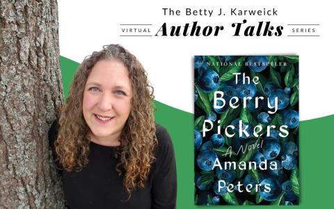 Author Amanda Peters next to a copy of her book, "The Berry Pickers".
