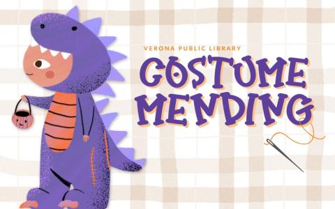 illustration of a smiling child in a purple and orange dinosaur costume stitched on the side holding a cute smiling pumpkin basket.