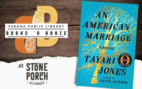 "An American Marriage" book cover on a wood table with drink ring and torn paper
