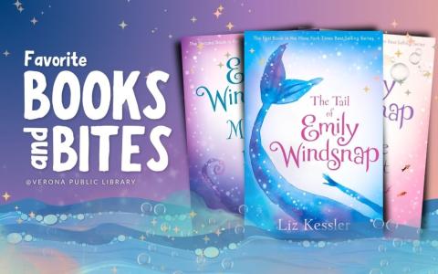 "Emily Windsnap" books with a blue, pink, and orange gradient background with stars and water with bubbles 