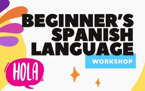 colorful shapes with speech bubble that says "hola".