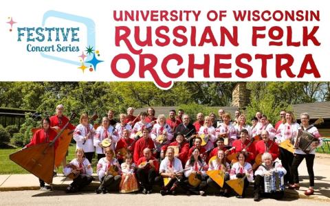 photo of University of Madison Russian Folk Orchestra in traditional costumes with traditional instruments