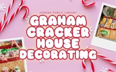 candy canes and snowflakes on a light pink background with chunky text and photos of graham cracker houses