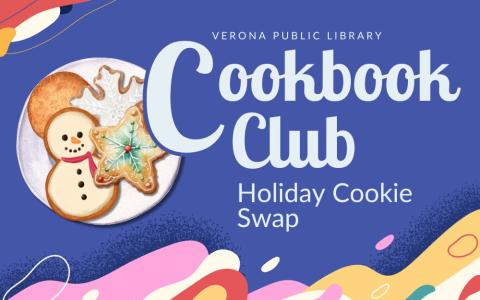 illustration of a plate of holiday cookies with a colorful background of curvy shapes