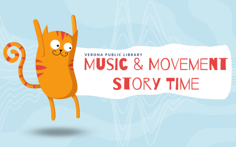 Blue background with soundwaves and a cute illustration of a cat jumping with its hands up