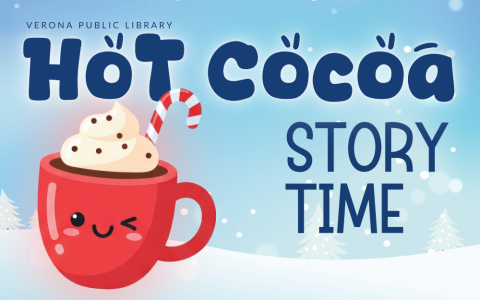 snow with pine trees with a warm cup of hot cocoa smiling at you