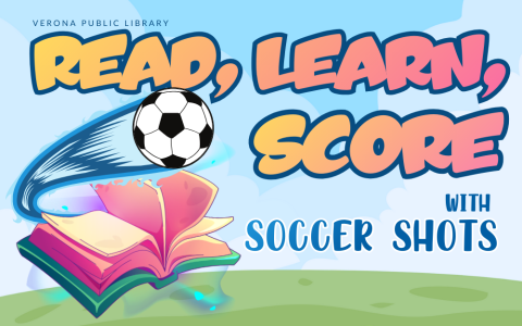 illustrated book in yellow, pink, and green floating above a soccer field with a soccer ball zooming out of its pages