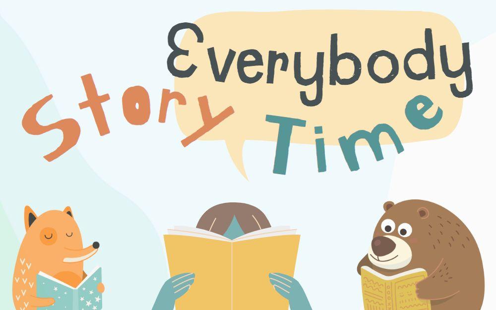 Illustration of cute fox, human, and bear reading books with fun text