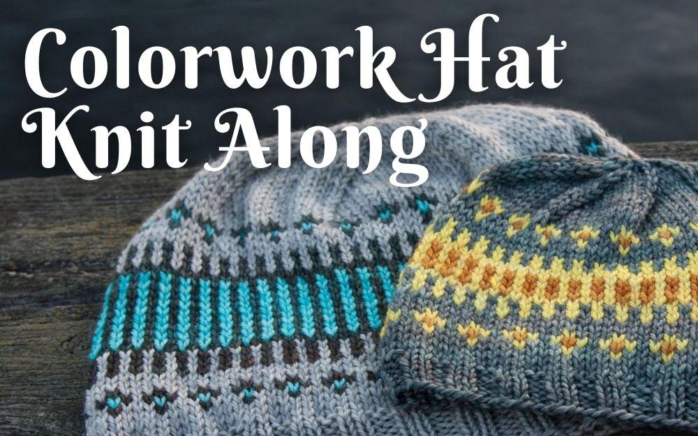 two colorwork hats on a wooden table