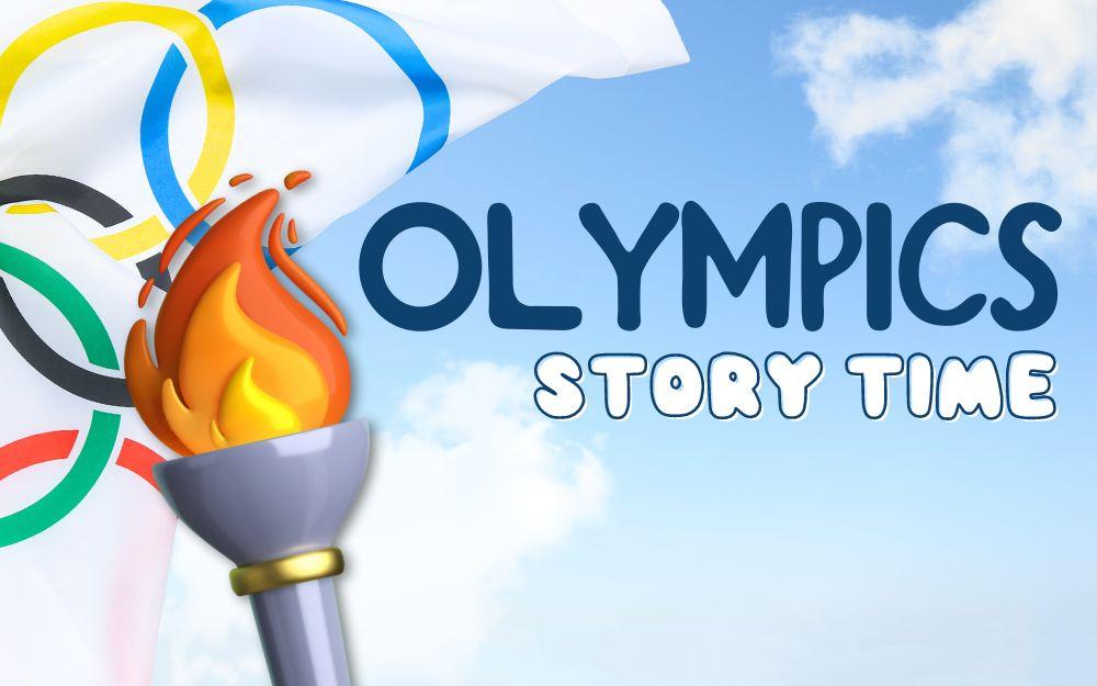 image of Olympic torch with the Olympic flag in the background