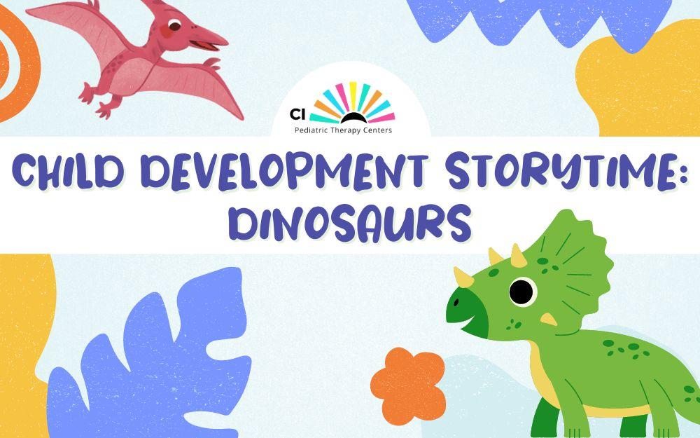 fun hand drawn shapes and two dinosaurs (triceratops and pterosaur) with CI Pediatric Therapy Centers logo