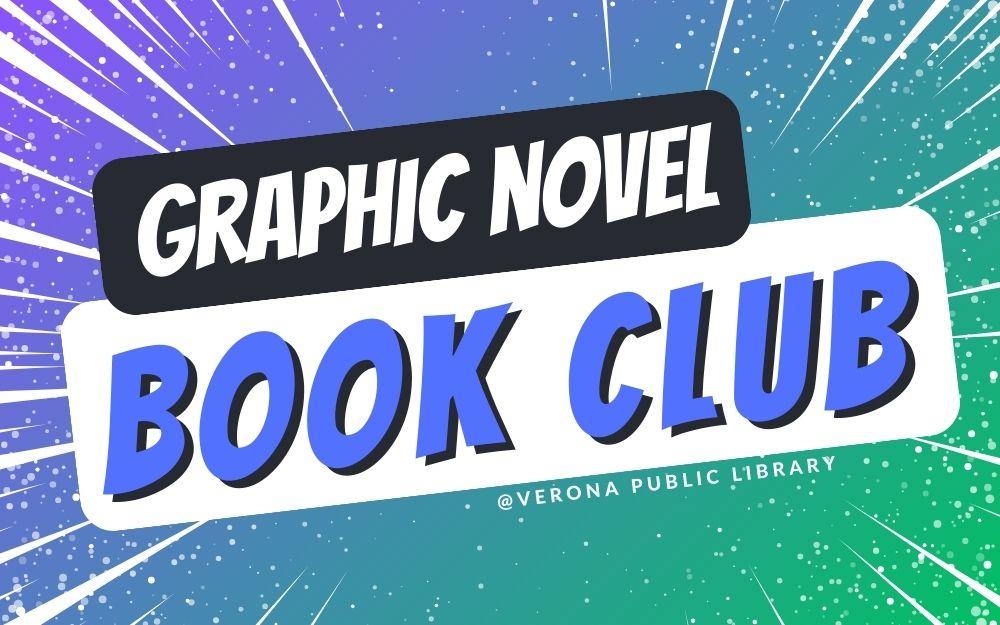 graphic novel book club logo with action lines in the background