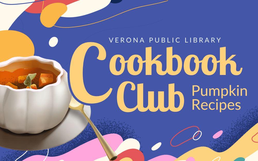 bowl of savory pumpkin soup next to "cookbook club" logo