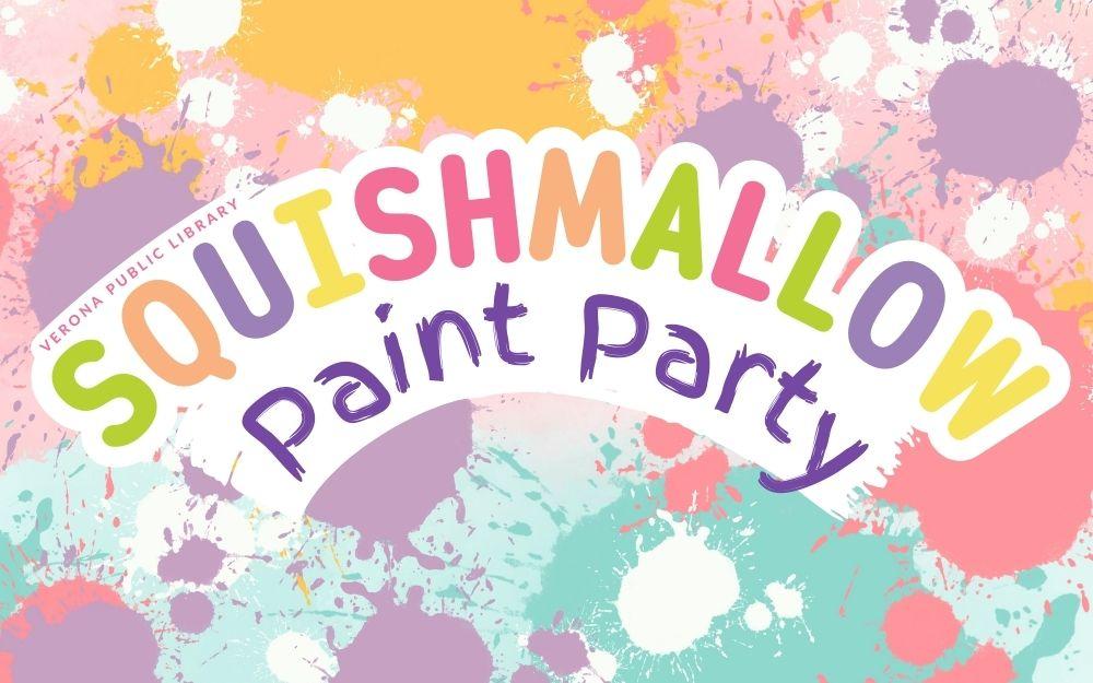 splatter paint background with "squishmallow"-like font