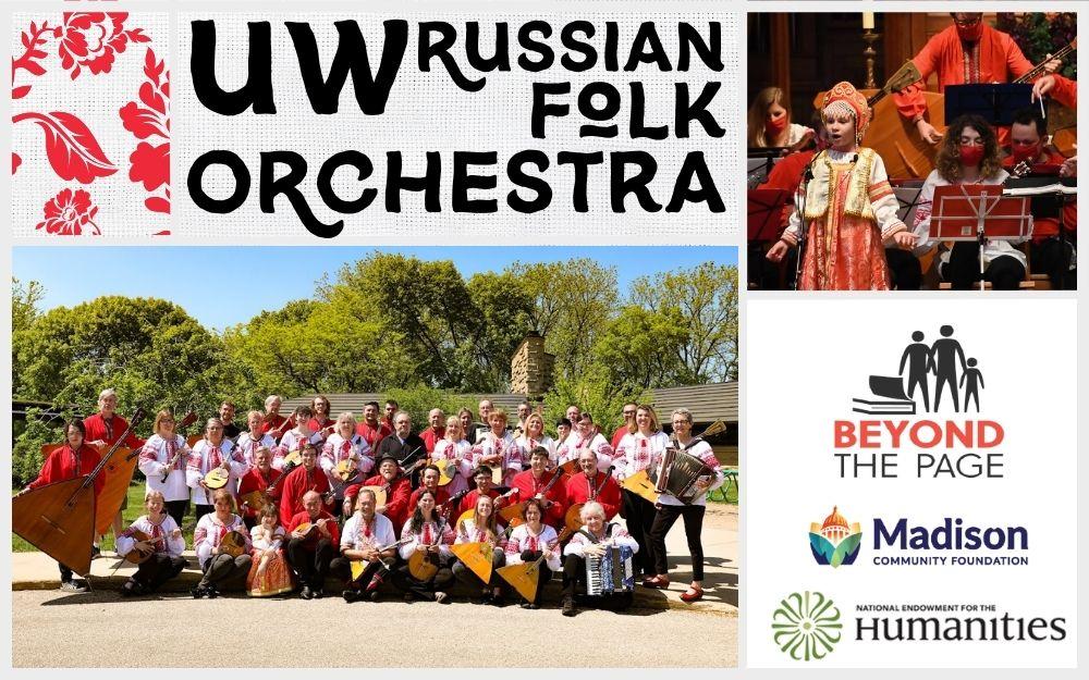 the UW Russian Folk Orchestra posing as a group outside with instruments and authentic costumes