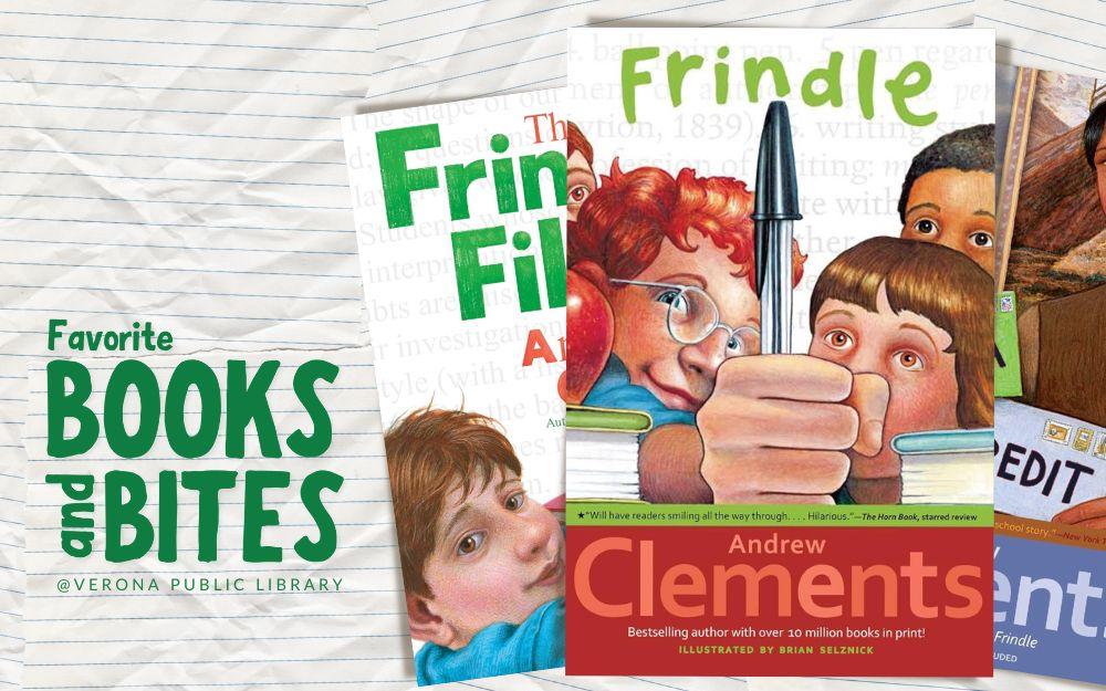 wrinkled lined notebook paper with 3 "Frindle" series book covers on top