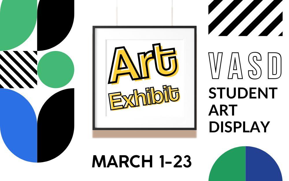 bold graphic shapes and stripes with frame in the middle that says "Art Exhibit"