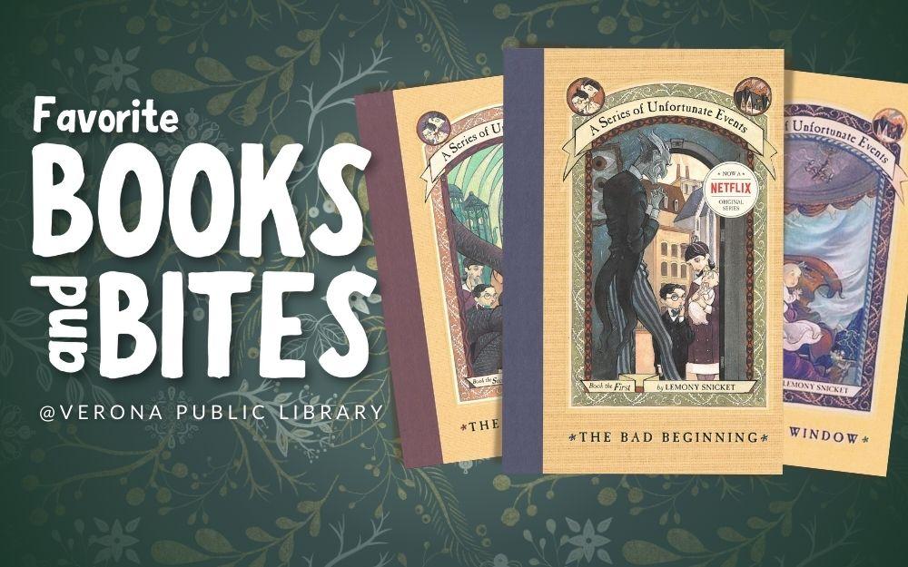 Series of Unfortunate Events book covers with dark old wallpaper in the background