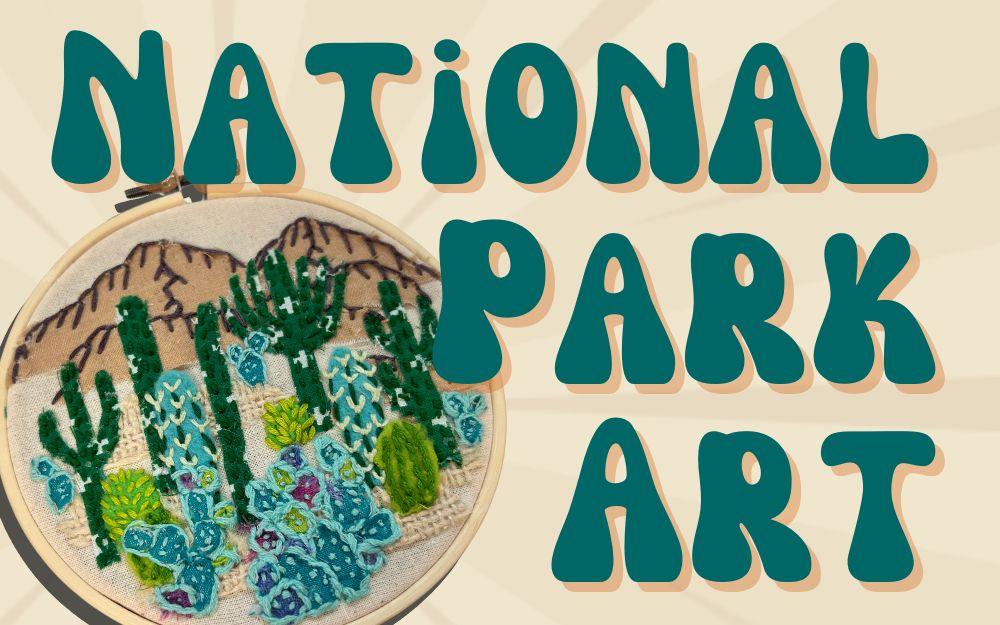 embroidery of various cacti and mountains in the background