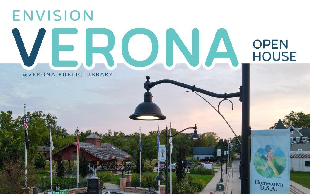 photo of Verona, WI at sundown with a banner that says "Hometown U.S.A."