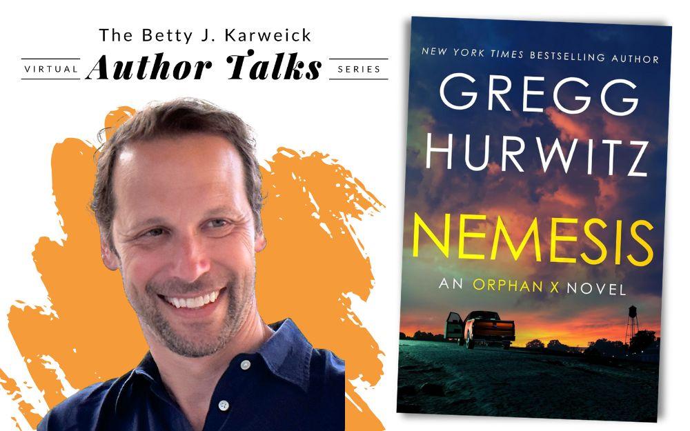 author Gregg Hurwitz smiling next to his book, "Nemesis".