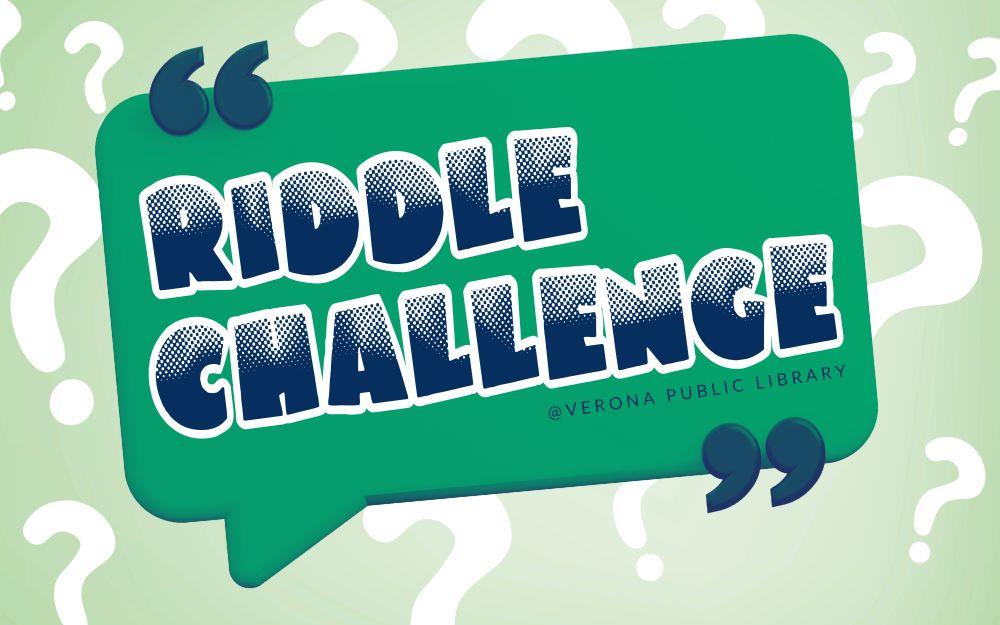 3d speach bubble with big text that says "riddle challenge" and question marks in the background