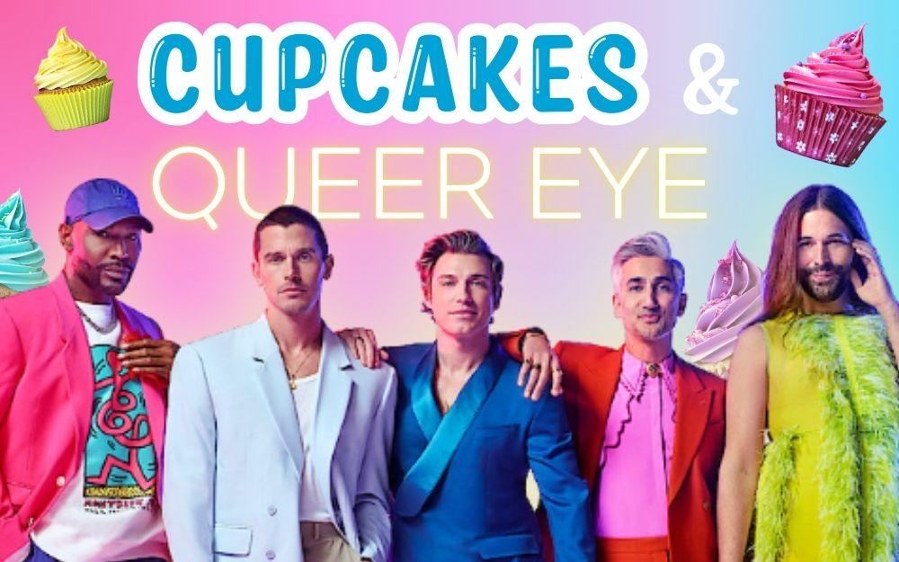 photo of the 2025 cast of Queer Eye with colorful cupcakes and a glowing pink and blue background
