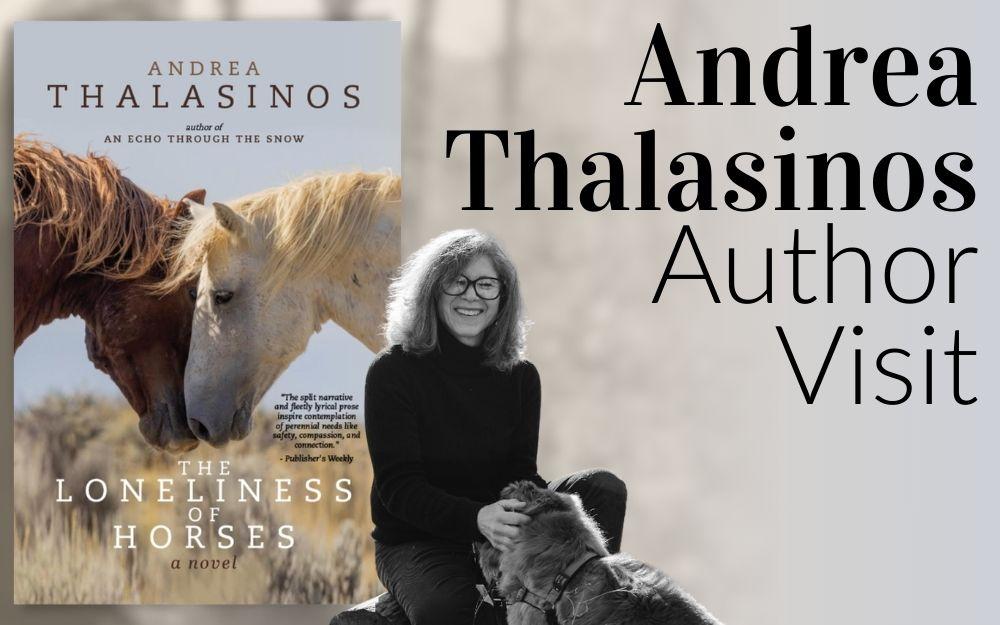 cover of "The Loneliness of Horses" book and the author smiling with her dog