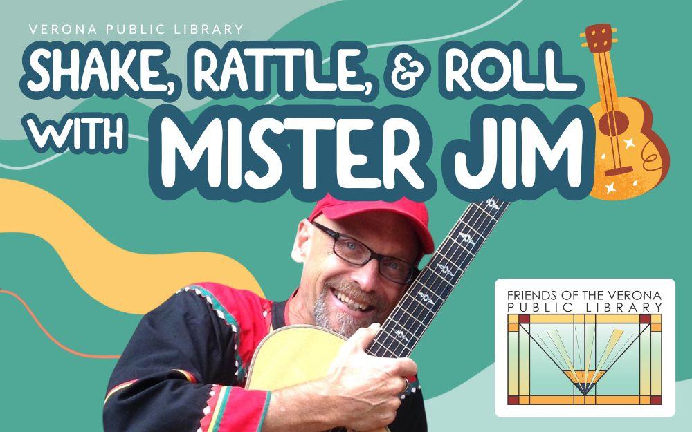 Mister Jim and an illustration of a guitar with fun wavy shapes in the background