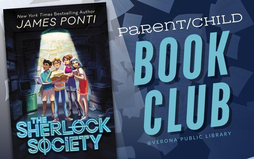 "The Sherlock Society" book cover with papers falling and a spotlight in the background