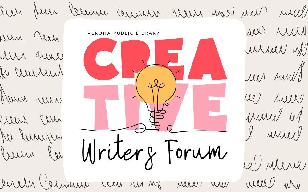 hand written text with bright fun bold text that says "Creative Writers Forum" and a lightbulb