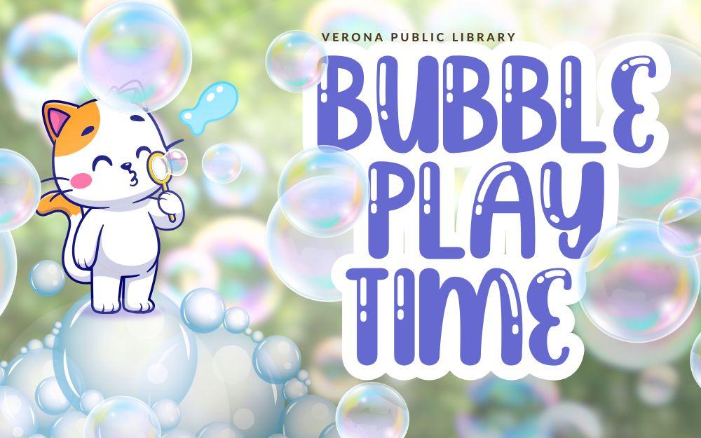 a cat outside with fun bubbles everywhere, blowing a fish-shaped bubble