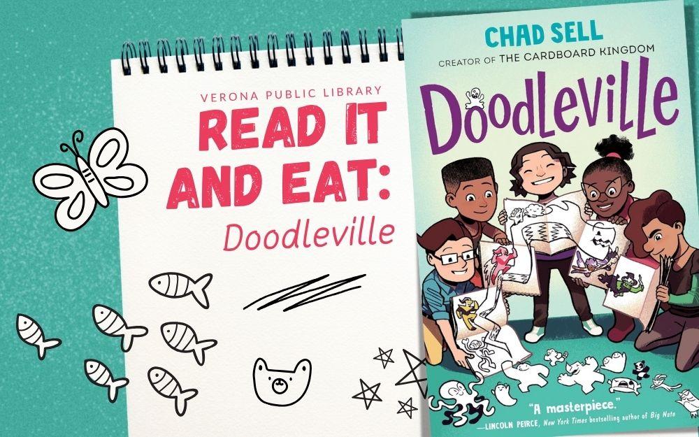 a sketchbook with doodles of fish, stars, butterfly, and bear that are escaping from the page