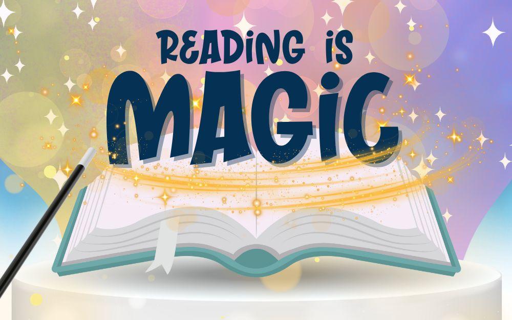 a book with a rainbow, stars, and magic swirls around it with a magicians wand