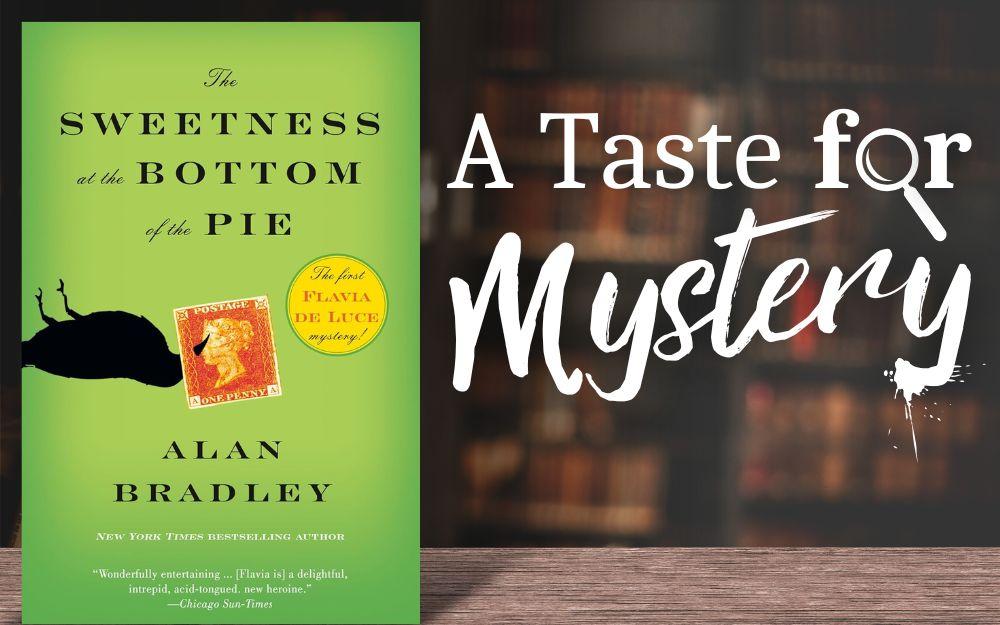 "The Sweetness at the Bottom of the Pie" book cover on a wooden table in a dark library