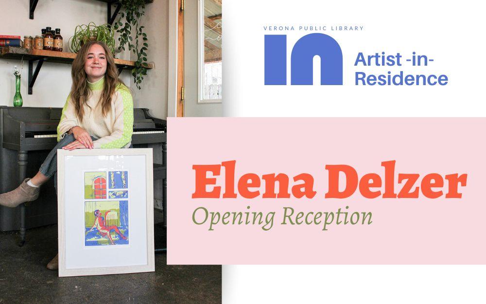 Photo of artist Elena Delzer posing with her framed illustration. Artwork ©Elena Delzer