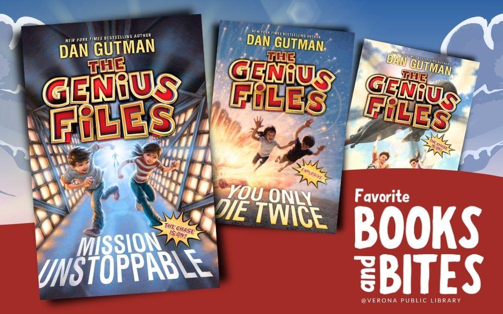 The first three "The Genius Files" books with a sky, clouds and sun in the background