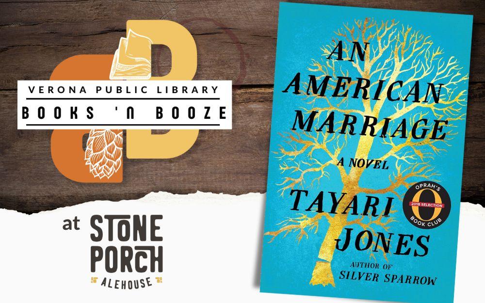 "An American Marriage" book cover on a wood table with drink ring and torn paper